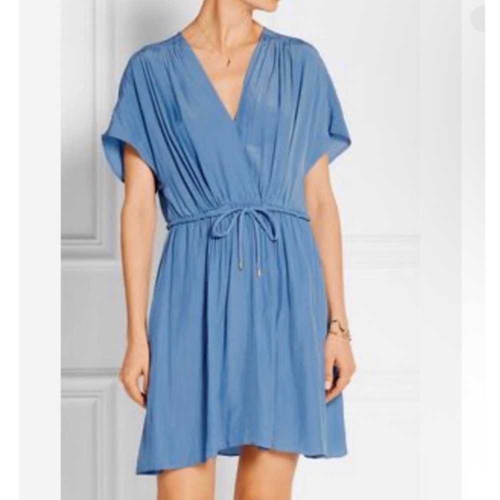 Maje Roxus Blue V-Neck Drawstring Waist Mini Dress Women Size 2 M Short Sleeve